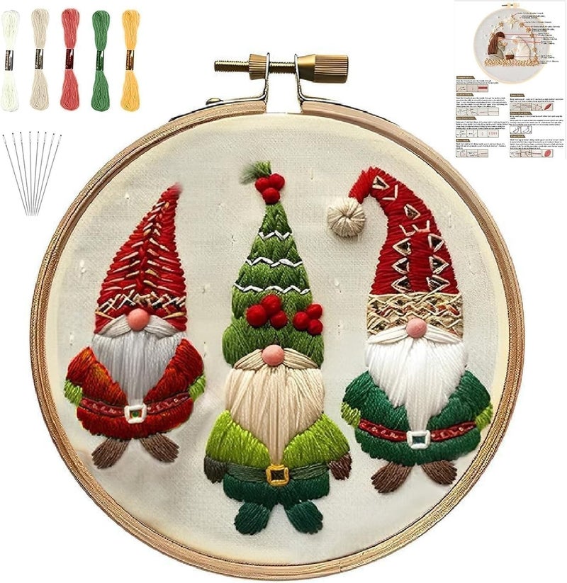 YOUDRN Christmas Embroidery Kits,Gnomes Embroidery Kits for Adults,Christmas Embroidery Kit for Beginners with Pattern,Cotton Threads,Needles,Instruction,20cm Hoop (gnome) - Image 1